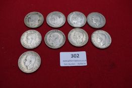 Group of George VI halfcrowns, mixed dates including 1930s–1940s issues. Fine to very fine. (9)