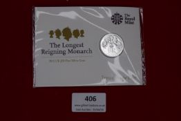 2015 Royal Mint “The Longest Reigning Monarch” £20 fine silver coin, in original sealed packaging.