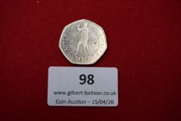 2016 Battle of Hastings 50 pence commemorative coin, reverse with King Harold and date 1066.