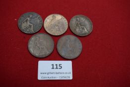 Five George V pennies dated 1911, 1912, 1915, 1918 and 1919. Mixed condition.