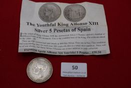 Spain silver 5 pesetas, Alfonso XIII, 1898 (‘Youthful bust’ type). Bare head left; rev. crowned