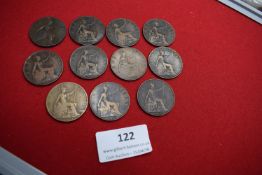 Nine Edward VII pennies dated 1902–1908 (various). Mixed condition.