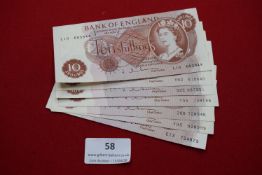 Bank of England ten shilling notes (7). Elizabeth II portrait type, various serial numbers.