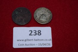 Great Britain bronze penny and silver sixpence. Penny with Britannia reverse; together with George V