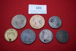 Small group of mainly 18th–19th century copper coins and tokens, several holed or worn, including