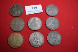 Eight Edward VII pennies including dates 1902, 1905 and 1908 (various). Mixed condition.