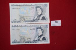 Two Bank of England £5 notes, Duke of Wellington type (Series D). Used condition. (2)