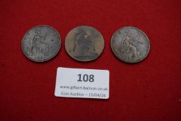 Three Victorian pennies dated 1881, 1888 and one worn example. Poor to fair condition.