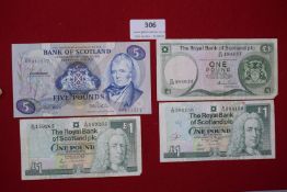 Group of Scottish banknotes, including Bank of Scotland £5 (1988 issue) and Royal Bank of