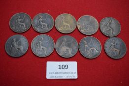 Ten Victorian bronze pennies dated 1891–1900 (various). Mixed condition