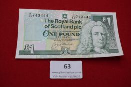 Royal Bank of Scotland £1 note. Modern issue depicting Edinburgh Castle and bank headquarters.