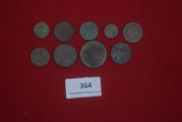 Group of copper coins and tokens including fractional pieces and other issues.
