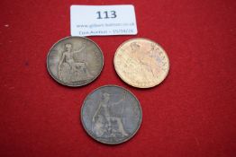 Three George V pennies including two dated 1920 and one dated 1926. Mixed condition.