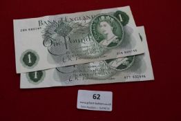 Bank of England £1 notes (2). Elizabeth II portrait type, different serial numbers.