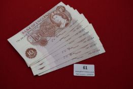 Bank of England ten shilling notes (7). Elizabeth II portrait type, consecutive serial numbers.