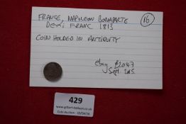France, Napoleon I, demi-franc 1813, pierced (ex jewellery), with collector’s ticket noting prior