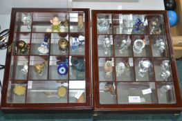 Pair of Small Mirrored Back Collectors Cabinets and Contents Including Crystal Animals, etc.