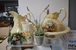 Wash Jugs and Bowl, plus Artificial Flowers
