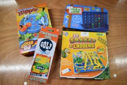 4x Travel Games Including Four in a Row, Hungry Hippos, Golf, and 3D Snakes & Ladders