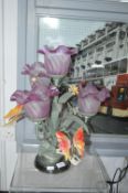 Metal Table Lamp with Flowers & Butterfly Decoration and Purple Frosted Glass Shades