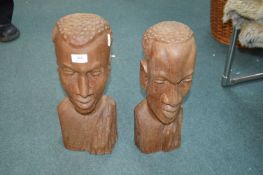 Pair of Ethnic Carved Wooden Busts