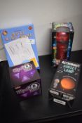 4x Assorted Games Including Desktop Buzz Wire Game, Mystic 8 Ball, Astronaut Sunset Lamp, and a