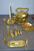 Decorative Brassware Including Kettle, Candlestick, etc.