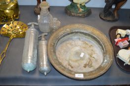 Eastern Brass Bowl, Vintage Fire Extinguishers, and Glassware