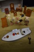 Selection of Vintage Dollhouse Furniture, Miniature Dolls, and a Sutcliffe Noddy’s Speed Boat