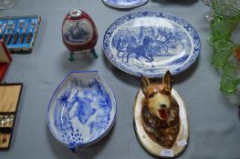 Assorted Pottery Items Including Blue & White Charger, Decorative Egg, and an Alsatian Wall Plaque