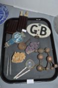 Vintage Collectibles Including Car Badges, Cigar Case & Contents, and Crystal