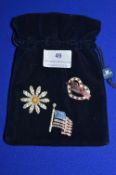 3x Swarovski Crystal Brooches: US Flag, Mickey Mouse Heart, and Flower (with certificate & bag)