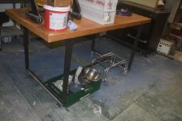 *Pine Topped Steel Framed Mobile Table 90x178cm x 94cm work height