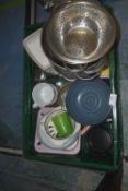 *Basket Containing Assorted Crockery, Stainless Steel Collander, etc.