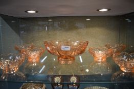 Set of 7x Art Deco Rose Glass Scalloped Edge Bowls