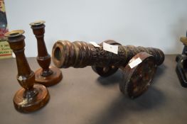 Decorative Wooden Cannon and a Pair of Turned Candlesticks