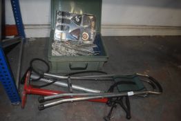 2x Bicycle Foot Pumps, Shooting Sticks, and a Box of Tent Pegs, Guide Ropes, etc.