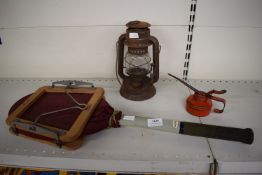 Vintage Slazenger Tennis Racket, Dunlop Wooden Racket Press, Kerosene Lantern, and Red Metal Oil