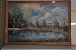 Framed Original Oil on Canvas Pond Scene Signed C.D. Lloyd