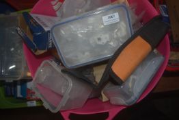 Pink Tub Containing Cord Pulls, Cabinet Fixings, etc.