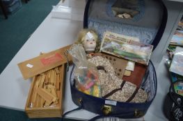 Small Case Containing Toys, Games, Porcelain Doll, etc.