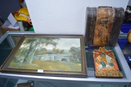 Russian Icon Painted Wine Case, and an Oil on Canvas