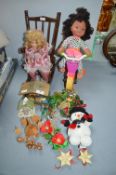 Christmas Decorations, and 2x Dolls