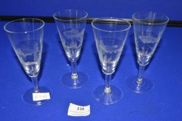 Set of 4x Etched Wine Glasses with Fish Design