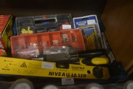 Basket of Tools Including Precision Screwdrivers, Chisels, Laser Spirit Level, Fuses, etc.