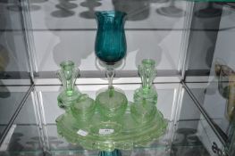 1930’s Green Glass Dressing Table Set, and a Large Brandy Goblet