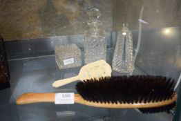 Cut Glass Bottle, Decanter, and Trinket Box, plus 2x Vintage Hairbrushes