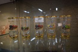 Vintage Collectible Tumbler with Gold Rim and Train Illustrations