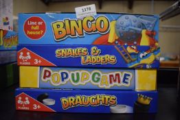4x New Kid’s Games Including Bingo, Draughts, Snakes & Ladders, and Pop Up Game