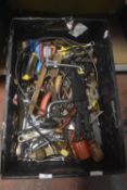 Box of Various Spanners, Screwdrivers, Brace & Bit, Wire Cutters, Impact Driver, etc.